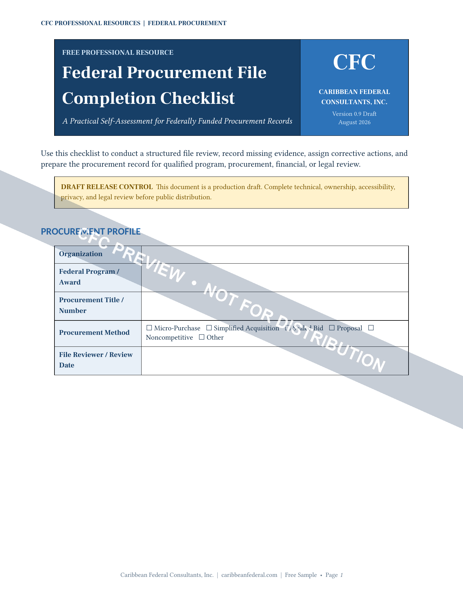 Preview of the CFC Federal Procurement File Completion Checklist